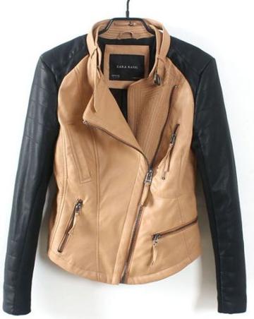 Shein Khaki Long Sleeve Zipper Pockets Leather Jacket