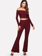 Shein Lettuce Trim Bardot Top & Flared Pants Co-ord