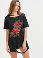 Shein Cutout Neck Rose Embroidered Distressed Tee Dress