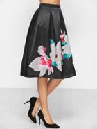 Shein Black Flower Print Zipper Back Flare Skirt