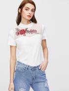 Shein Crew Neck Contrast Mesh Embroidery Tee