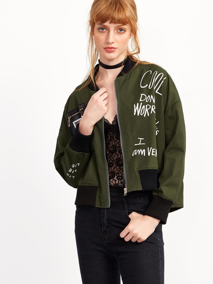 Shein Army Green Slogan Print Drop Shoulder High Low Jacket