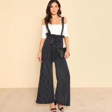 Shein Belted Wide Leg Pinstripe Pants With Strap