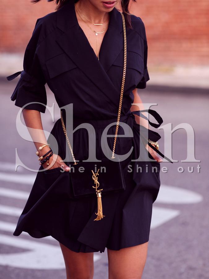 Shein Black Half Sleeve Pockets Trench Coat