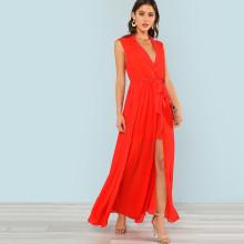 Shein Notch Neck Tie Waist Surplice Wrap Maxi Dress