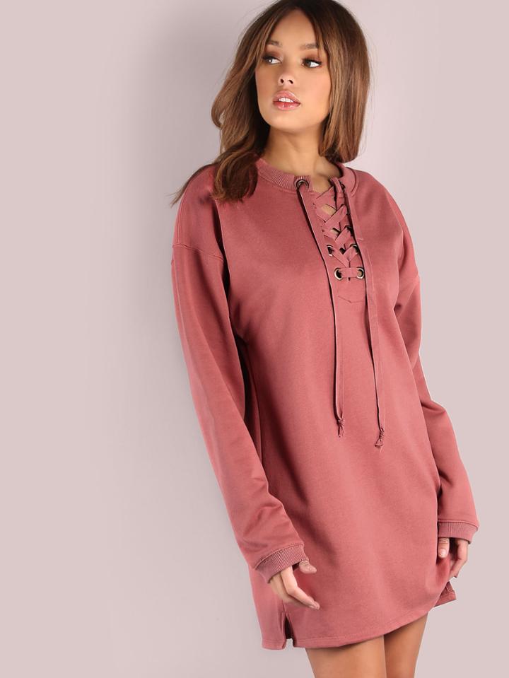 Shein Oversized Laced Up Sweatshirt Dress Rose