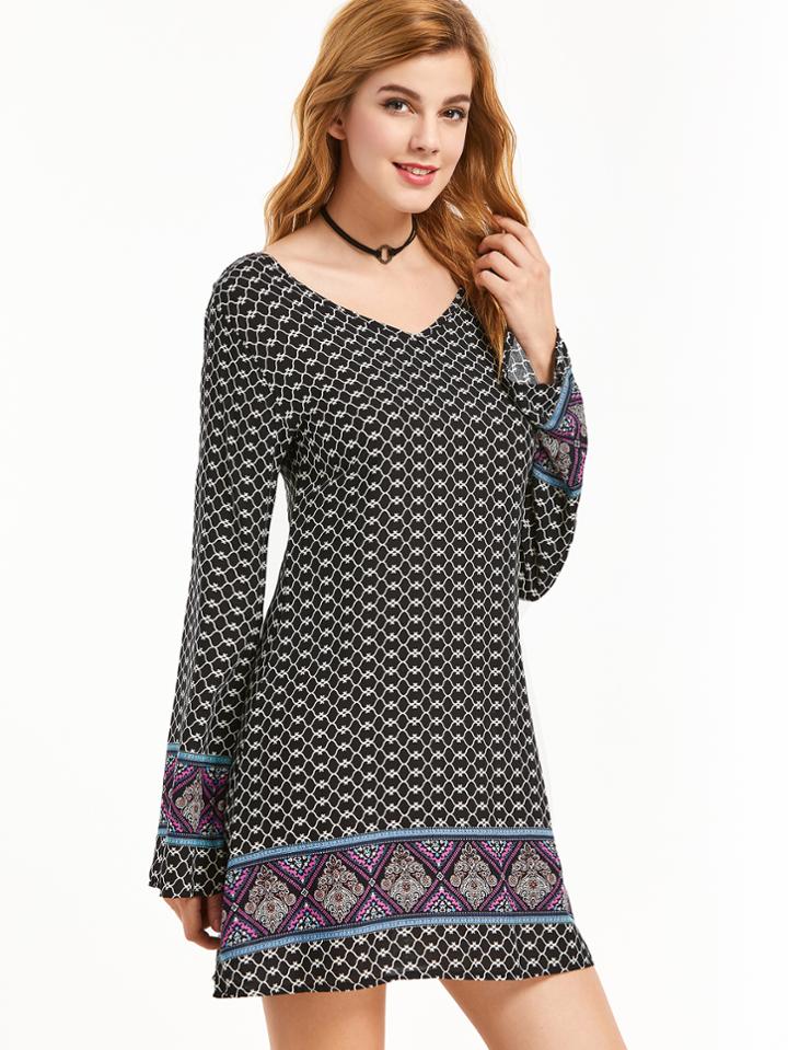 Shein Black Vintage Print Double V Neck Lattice Back Dress
