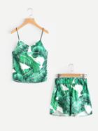 Shein Palm Leaf Print Zip Slit Cami Top With Dolphin Shorts