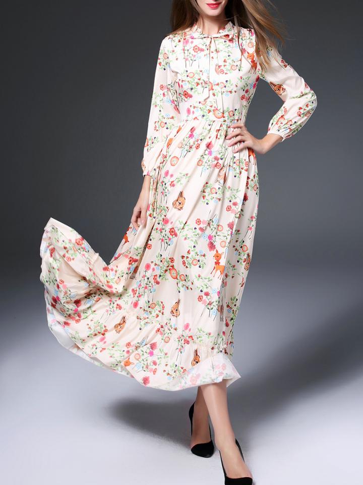 Shein Apricot Tie Neck Floral Maxi Dress