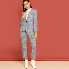 Shein Button & Pocket Front Plaid Coat & Pants Set