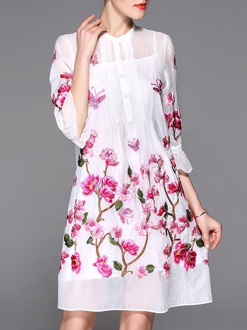 Shein White Sheer Bell Sleeve Flowers Embroidered Dress