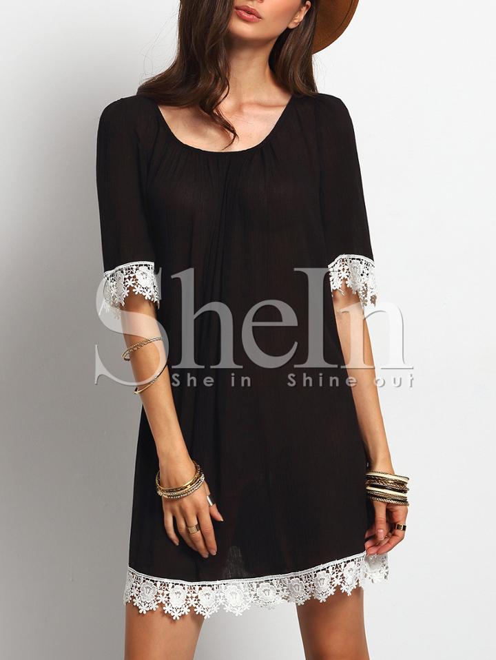 Shein Black Round Neck Crochet Trim Shift Dress
