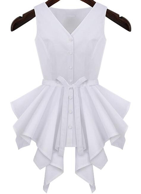 Shein White V Neck Sleeveless Ruffle Buttons Top