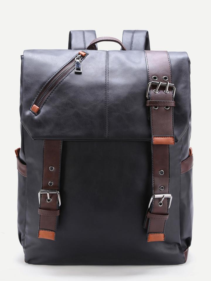 Shein Zipper Detail Pu Backpack With Buckle Front