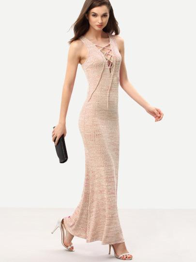 Shein Eyelet Lace Up Neckline Marled Ribbed Dress