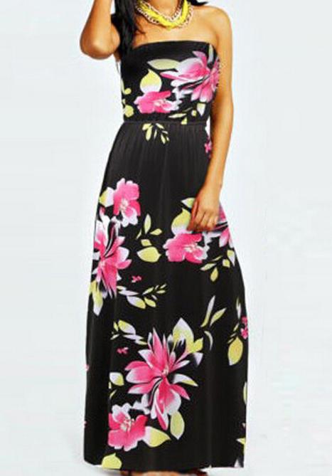 Shein Black Strapless Floral Backless Maxi Dress