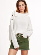 Shein White Foldover Collar Drop Shoulder Button Sweater