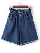 Shein Dark Blue Button Fringe Hem Denim Shorts