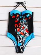 Shein Black Printed Halter Bustier One-piece Swimwear