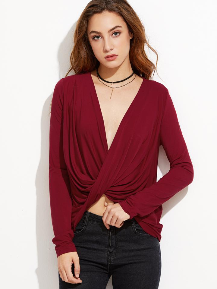 Shein Burgundy Twisted Drape Front T-shirt