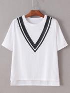 Shein White V Printed Dipped Hem Split Side T-shirt