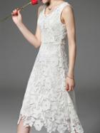 Shein White V Neck Crochet Hollow Out Dress
