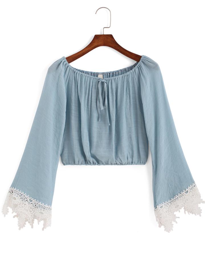 Shein Blue Boat Neck Lace Crop Blouse