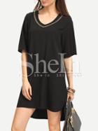 Shein Black V Neck Sequin High Low Shift Dress