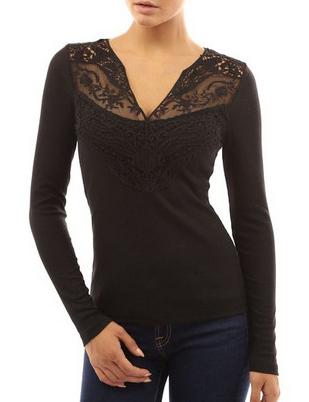 Shein Black V Neck Lace Slim T-shirt