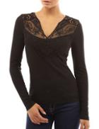 Shein Black V Neck Lace Slim T-shirt