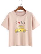 Shein Cartoon Car Print Pink T-shirt
