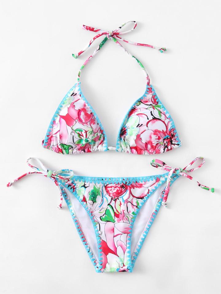 Shein Floral Print Crochet Trim Bikini Set