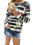 Shein Colour Round Neck Floral Striped T-shirt