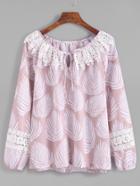 Shein Pink Leaves Print Tie Neck Crochet Trim Top