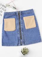 Shein Faux Shearling Contrast O-ring Zip Denim Skirt