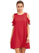 Shein Burgundy Cold Shoulder Ruffle Sleeves Shift Dress