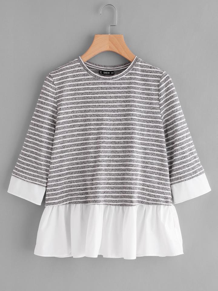 Shein Frill Trim Mixed Media Striped Tee
