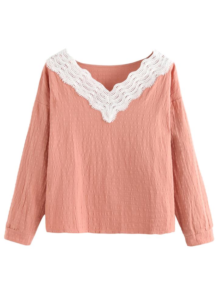 Shein V Neck Contrast Crochet Blouse