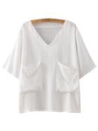 Shein White Short Sleeve V Neck Large Pockets Blouse