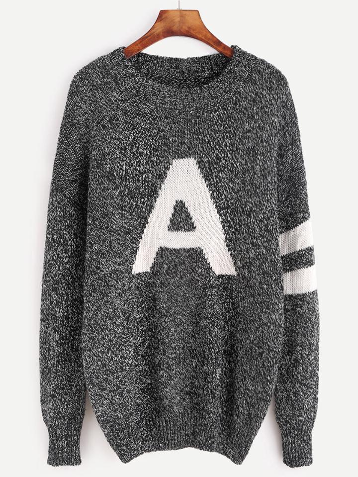 Shein Black Varsity Pattern Drop Shoulder Sweater