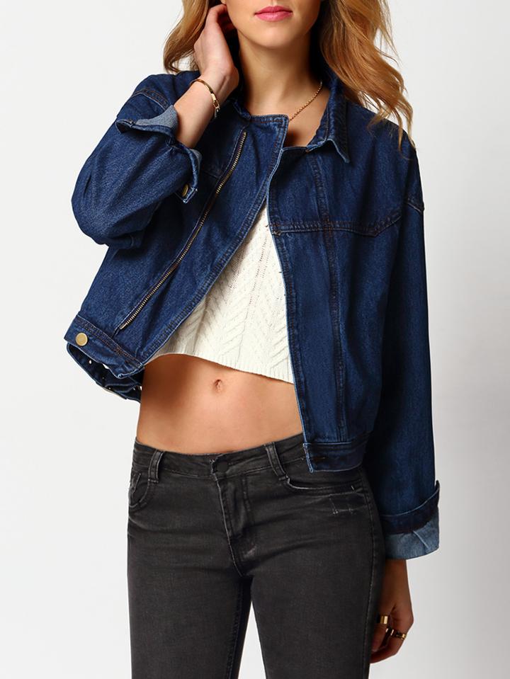 Shein Navy Long Sleeve Zipper Crop Denim Jacket