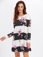 Shein Wide Stripe And Flower Print Tee Dress