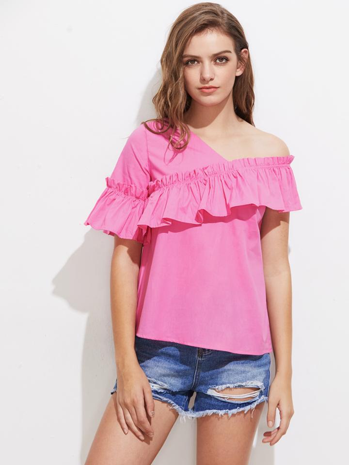 Shein Asymmetrical Shoulder Ruffle Trim Top