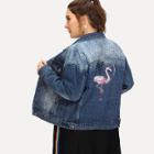 Shein Plus Flamingo And Letter Embroidered Bleach Wash Denim Jacket