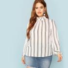 Shein Plus Lantern Sleeve High Neck Striped Blouse