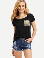 Shein Black Short Sleeve Sequined Pocket T-shirt