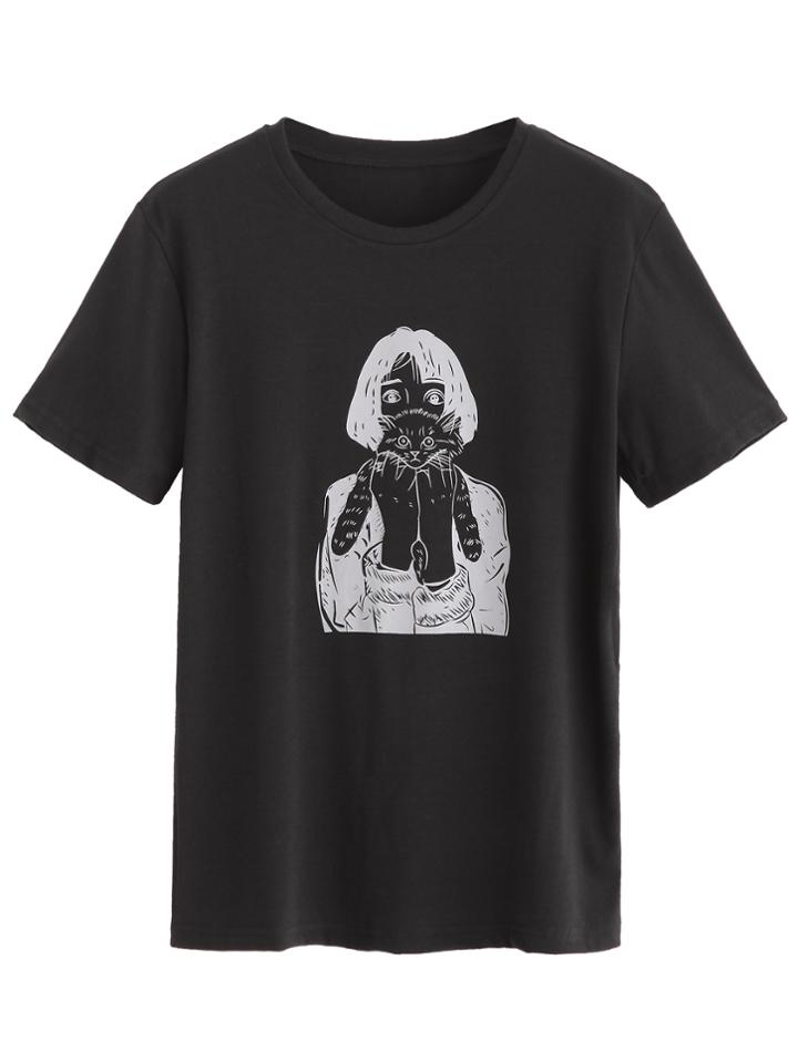 Shein Girl Holding Cat Print T-shirt