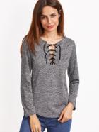 Shein Grey Marled Knit Lace Up Curved Hem Top