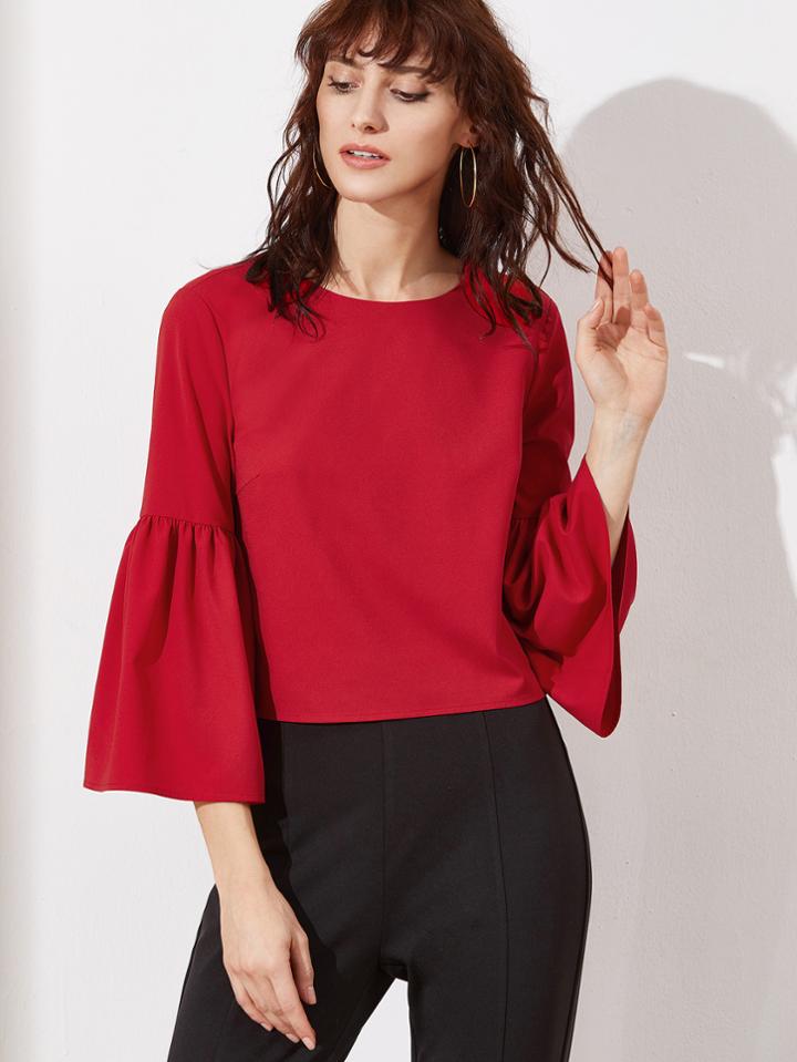 Shein Red Bell Sleeve Buttoned V Back Top