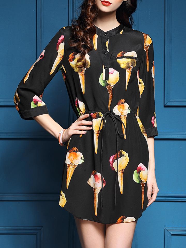 Shein Black Ice Cream Print Drawstring Dress